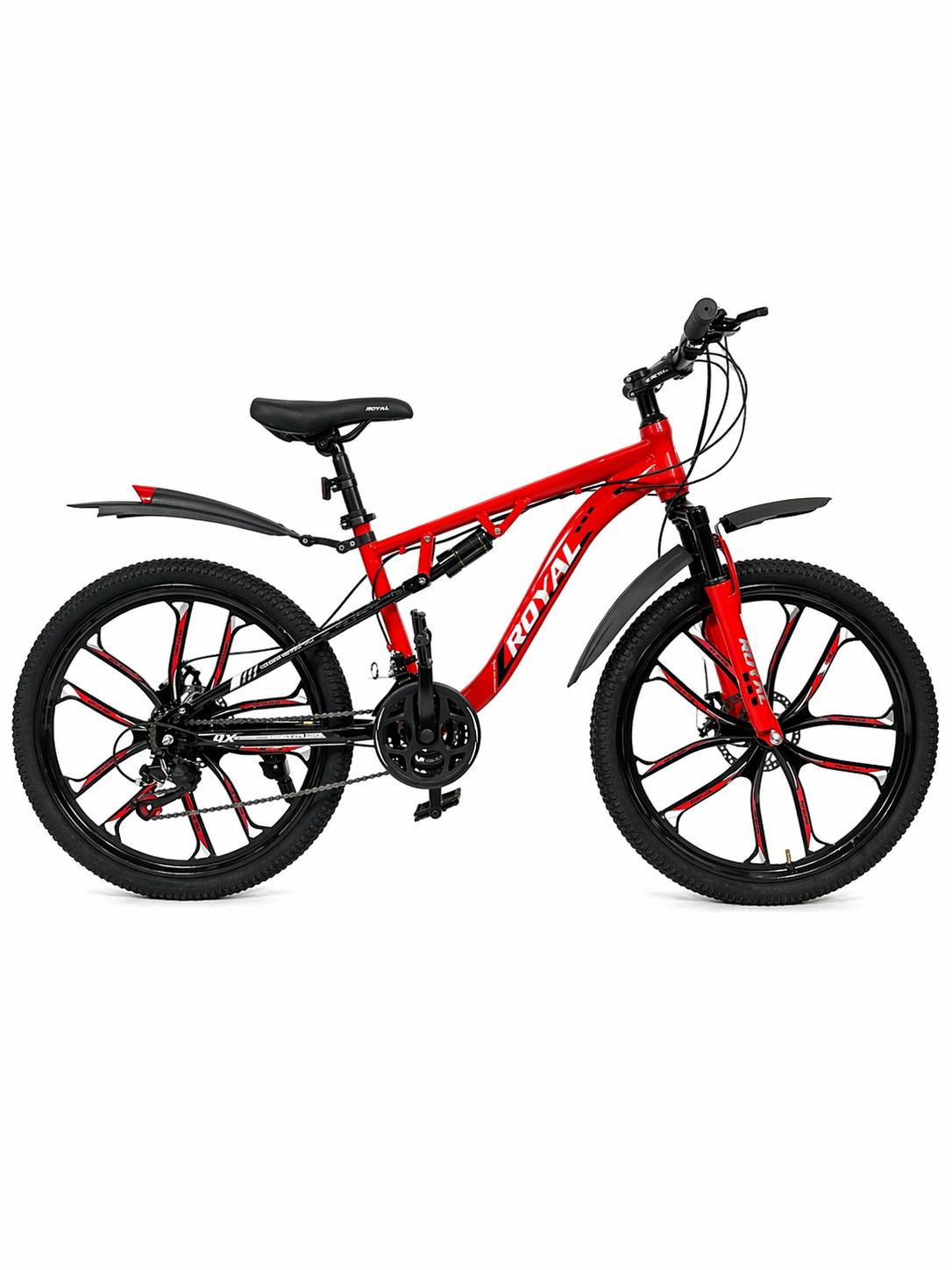 24 Inch Gear Cycle with Dual Disc Brakes & Hydraulic Shocks Red Color