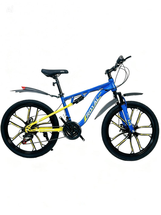 24 Inch Gear Cycle with Dual Disc Brakes & Hydraulic Shocks Blue and Yellow Color